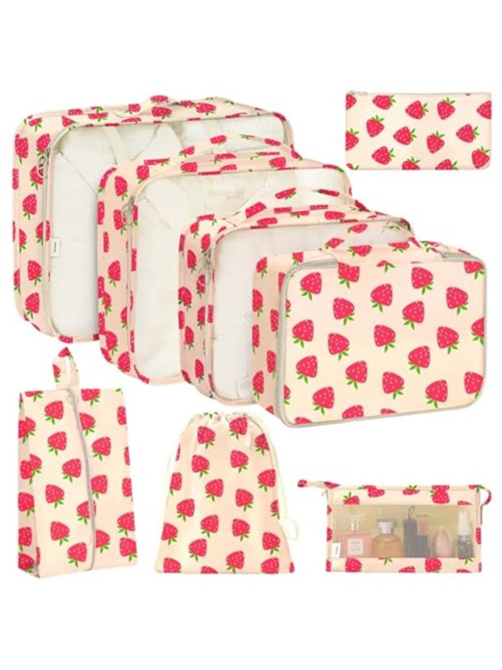 8 Set Packing Cubes Travel Organizer Luggage Bag Toiletry Shoe Strawberry Nylon